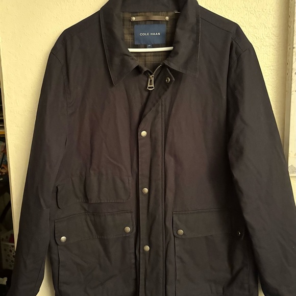 Cole Haan Navy Field Jacket Large Like New Plaid Lining Zip Front